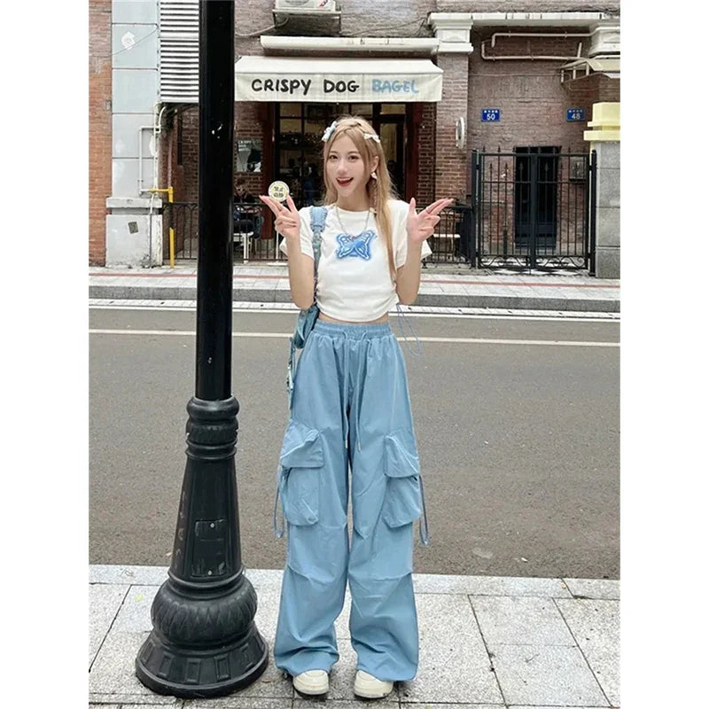 Territory Cargo Pants Women Y2K Oversized Sweatpants Streetwear Pockets Wide Leg Joggers Harajuku Korean Blue Baggy Casual Trousers