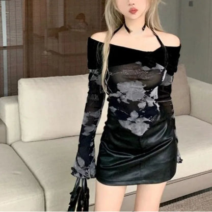 Territory Korean Sexy Halter Off Shoulder T-shirts Spring Autumn New Slim Fit Print Black Tee Shirt Y2k Grunge Long Sleeve Tops Women