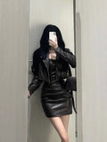 Territory Fashion Vintage Long Sleeve Zipper Leather Coat Women+ Y2k Sexy Slim Fit Bodycon Camisole Dress Summer New Two Piece Sets