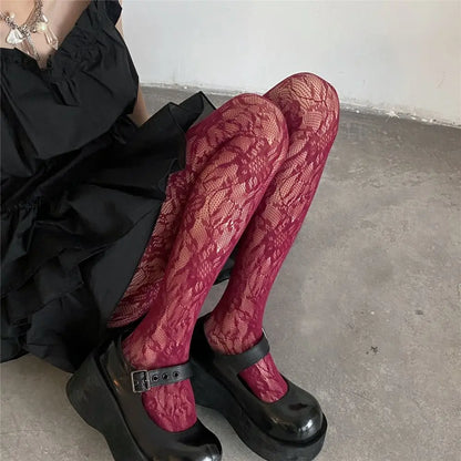 Territory Fashion Flower Embroidery Mesh Hollow Out Sexy Pantyhose Women's Fishing Net Tights Cool Girl Colored Hipster Harajuku Stockings