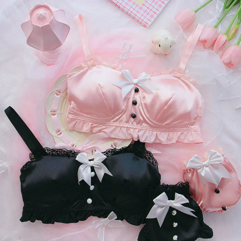 Territory Japanese sweet retro girl lingerie small chest underwear soft cute bow home wear sleep confortable no steel ring bra set