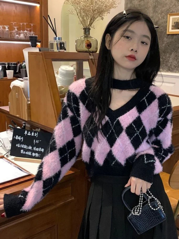 Territory Korean Fashion Plaid Sweater Women Harajuku Sweet Pink Sexy V Neck Pullover Kpop Long Sleeve Knitted Tops Autumn Winter