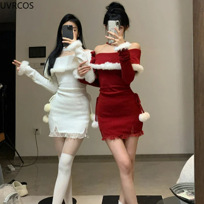 Territory 2024 Winter Christmas Bodycon Knitted Mini Dress Women Casual Long Sleeve Sweet Elegant Even Party One Piece Dresses Korean Fur