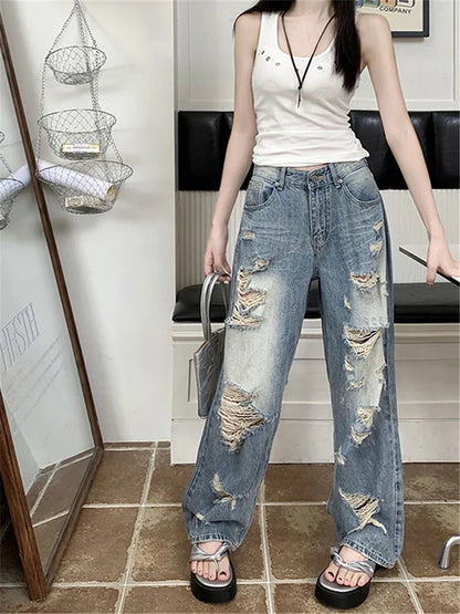 Territory Hollow Out Ripped Jeans Casual Loose Mid-Waisted Wide Leg Pants Women 2024 Autumn Spring Fashion Streetwear