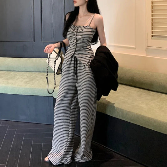 Territory 2024 Spring New High Street Contrast Color Striped Irregular Sexy Camisole Women + Loose Casual Wide Leg Pants Two-piece Suit