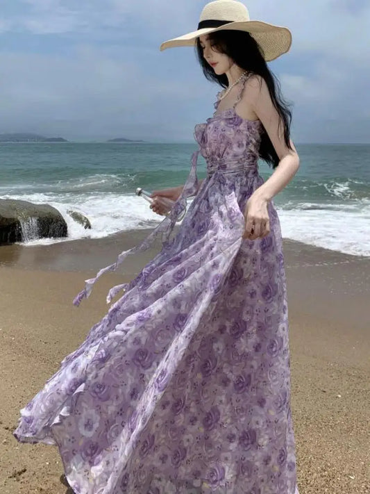 Territory French Vintage Purple Print Long Dresses for Women 2023 Summer Sexy Backless Sleeveless Ruffles Beach Holiday Female Clothing