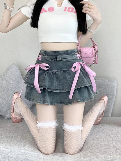 Territory American Gyaru Denim Skirts Bandage Ruffles Patchwork High Waist Summer Skirt Female Slim Y2k Harajuku Vintage Women's Clothing