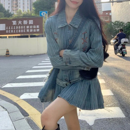 Territory Korean Retro Lace-up Pleated Casual Long-sleeved Dress Women 2024 Spring New Polo Collar Loose Distressed Denim Dress with Belt