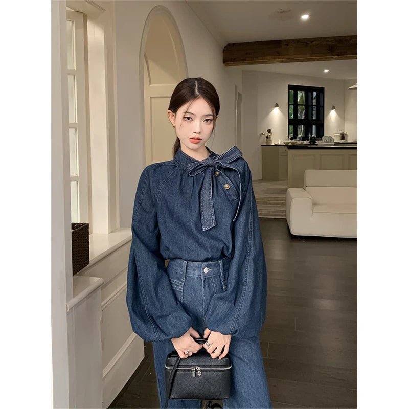 Territory Elegant Bow Denim Shirts Women Vintage Bandage Jeans Blouses Streetwear Korean Puff Long Sleeve Casual All Match Tops New