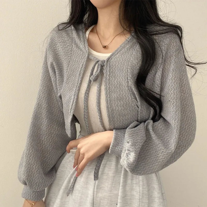 Territory Lace Up White Cardigan V Neck Knitwear Lantern Sleeve Women's Sweater Korean Fashion Spring Knit Oversize Wear To Work