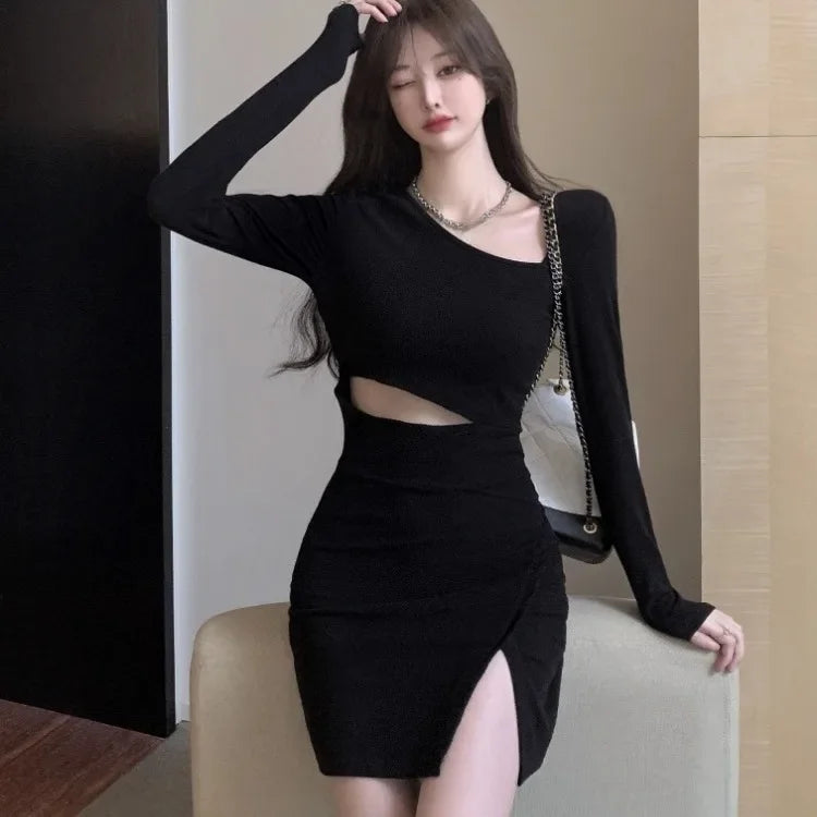 Territory Harajuku Street Black Bodycon Dress for Women Summer New Slim Waist Hollow Out Dresses Y2k Grunge Long Sleeve Vestidos Mujer