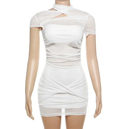 Territory Hollow Cross Halter Mini Dresses For Women 2024 Short Sleeve Sheer Mesh Dress White Black Sexy Club Wear Y2K Clothes