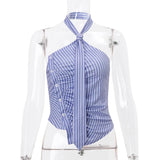 Territory Blue Stripe Printed Tie Design Button Up Crop Top Shirt Asymmetrical Tank Tops Y2k Korean Fashion Clothing