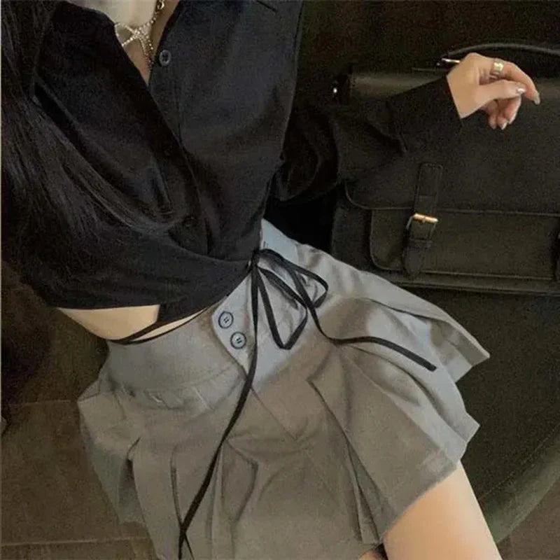 Territory Preppy Pleated Mini Skirts Korean High Waist A Line Skirts Student Summer College Sweet Button Slim Casual All Match Skirt