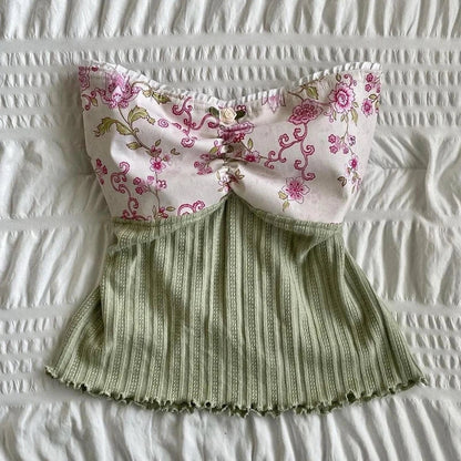 Territory Plaid Floral Print Milkmaid Tops 00s Retro Coquette Camis Fairycore Y2K Lace Trim Backless Tie Up Crop Tops Chic Cute Mini Vest