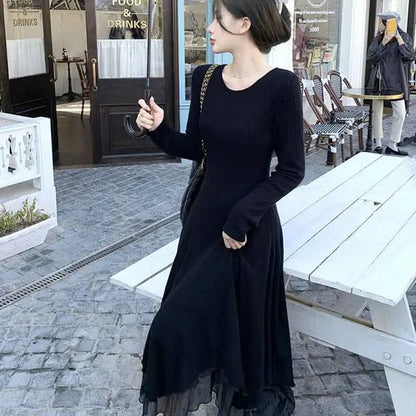 Territory Autumn Elegant Knit Midi Dress Women Korean Fashion Streetwear Mesh Patchwork Dress Harajuku Irregular O Neck Long Sleeve Dress