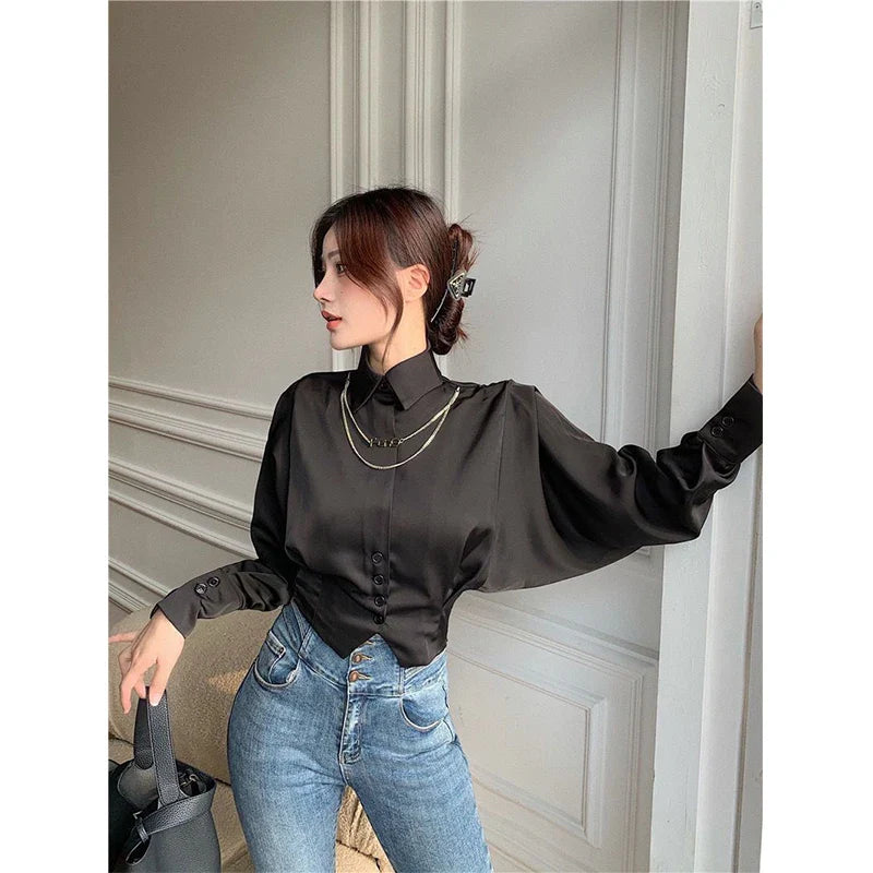 Territory Elegant Cropped White Shirts Women Korean Fashion Black Batwing Long Sleeve Blouses Office Ladies Basic Chic Tunic Tops