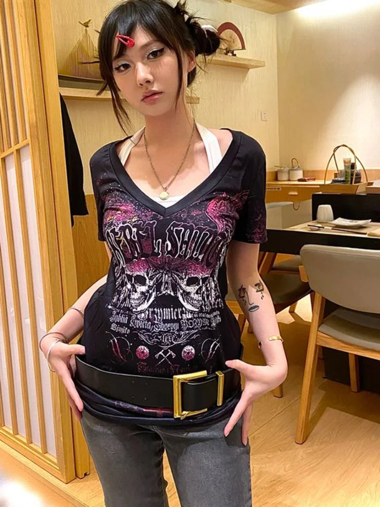 Territory Gothic Punk T-shirt Women Y2k Aesthetics V Neck Slim Tops Summer Harajuku Fairy Grunge Streetwear Vintage Tshirt Camisetas Tees