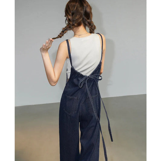 Territory Denim Overalls Women Streetwear Jumpsuits Vintage Sweet Wide Leg Suspender Pants Preppy Bow Bandage Strap Jeans Trousers