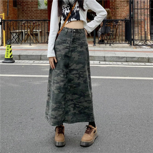 Territory Harajuku Vintage Denim Skirt Oversized Summer New Y2k High Waist Long Skirts Camouflage Color Female Slim Women's Clothing