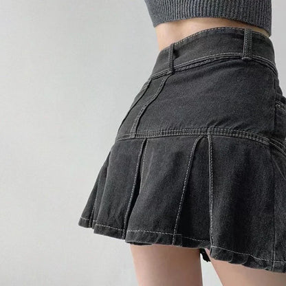 Territory  Denim Pleated Mini Skirt Vintage Sexy High Waist A-line Belt Women Embroidery Jean Short Skirt Summer Japanese Y2k