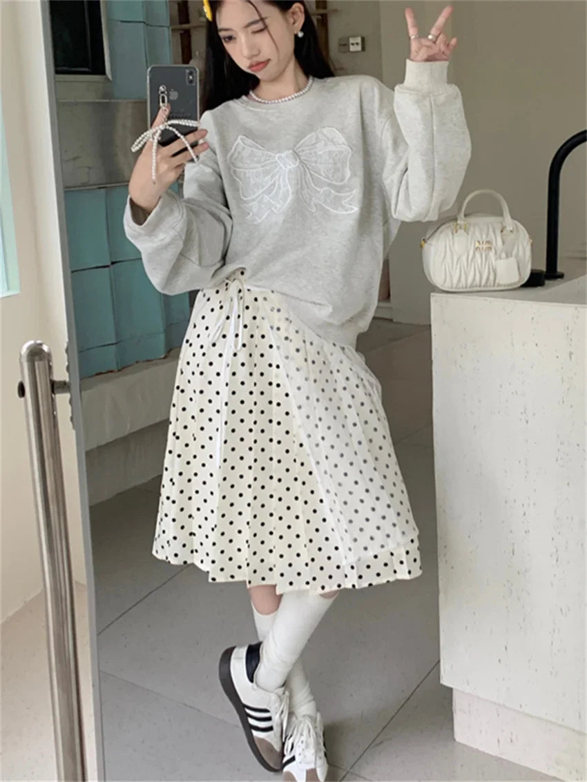 Territory Oversize Sweatshirts Women Grey Chic Casual New All Match 2024 Polka Dots Maxi Skirts Daily Office Lady Spring