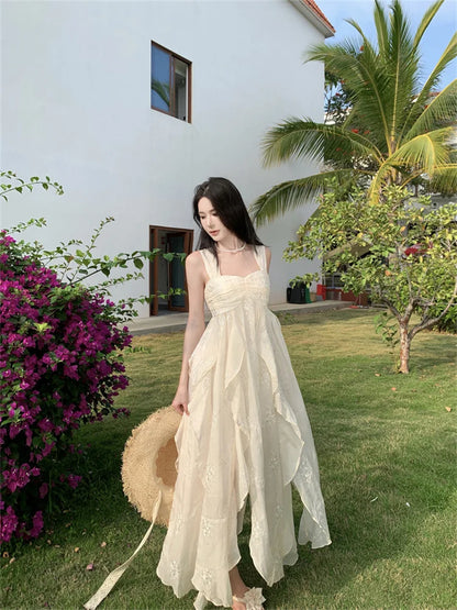 Territory Beach Holiday Elegant Party Long Dresses for Women 2024 Summer New Korean Fashion Sundress Embroidery Sleeveless Female Clothing