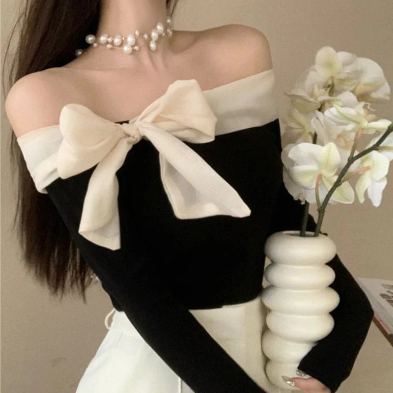 Territory Coquette Off Shoulder Black T-shirts Women Korean Style Chic Bow Brown Long Sleeve Tees Sweet Sexy Patchwork Slim Tops