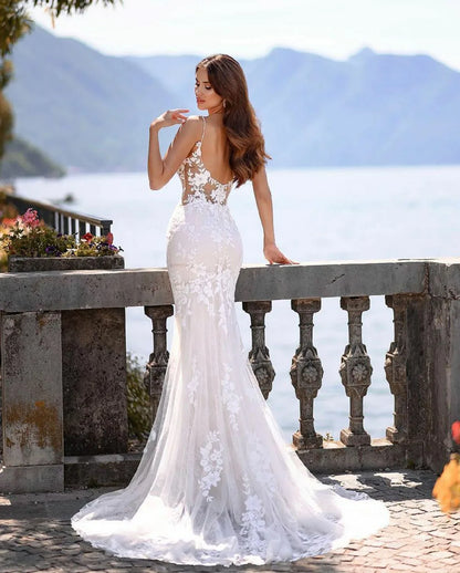 Territory Luxury Lace Mermaid Wedding Dresses Spaghetti Strap V Neck Backless Boho Bridal Gowns Women Brides Party Wedding Gowns