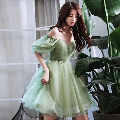 Territory Green Sweat Puff Sleeve Lady Girl Women Princess Bridesmaid Banquet Party Ball Prom Short Dress Gown Sexy Bandeau Backless Club