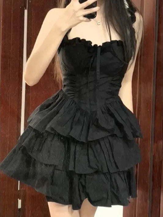 Territory Gothic Hrajuku Goth Lolita Kawaii Cute Black Ruffles Dress Soft Girl Y2k Fashion Cake Party Short Dresses