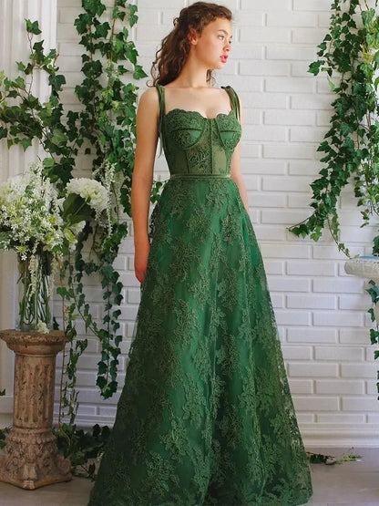 Territory Charming Dark Green Lace A-line Prom Dresses Sweetheart Decal Lace Spaghetti Strap Evening Dresses Prom Dress 2024