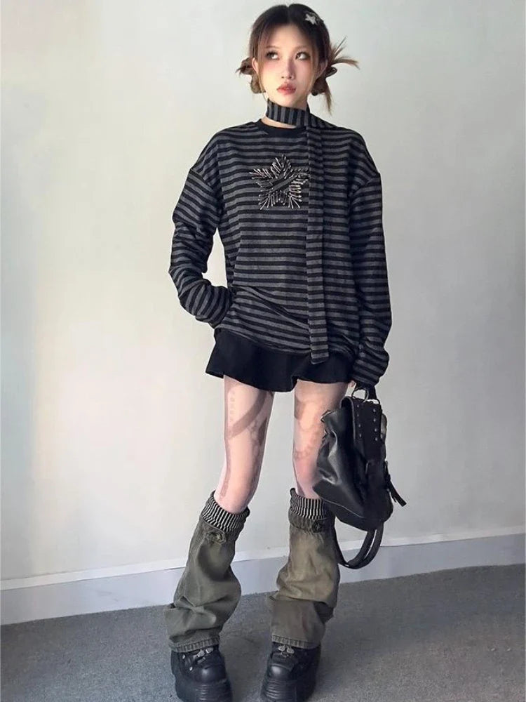 Territory Punk Streetwear Striped Loose Tops Y2k Aesthetic Star All Match Tee Shirt Harajuku Oversized Tshirts Women Fairy Grunge Tees