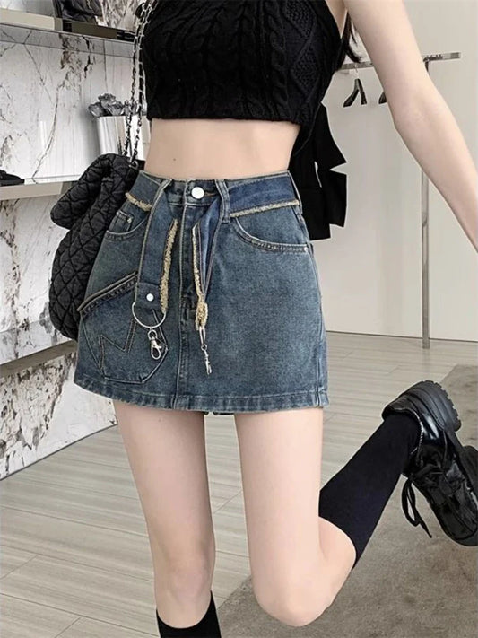 Territory American Streetwear Denim Skirts Solid Color Patchwork Lace Up Summer High Waist Mini Skirt Vintage Y2k Gyaru Women Clothing