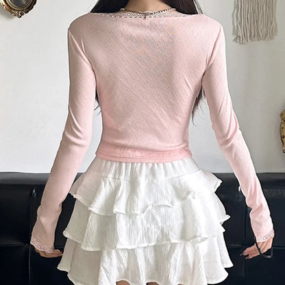 Territory Jacquard Knit Top Pink White Bow Decorate Lace Stitching Square Collar Tops Autumn Spring Slim-fit Tees Cute