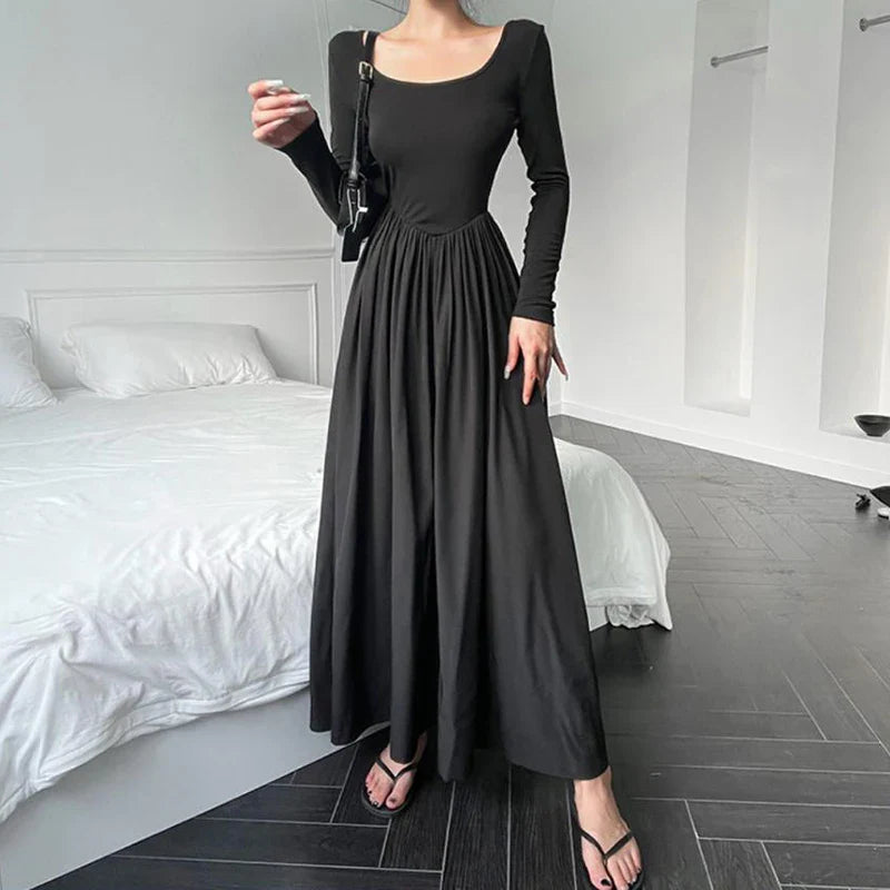 Territory  Hepburn Style Fashion Elegant Women A Line Dress Summer Elastic Slim Long Sleeve Midi Dress High Waist O Neck Pleated Dress