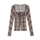 Territory Checkered Square Collar Mesh Shirt for Women Summer Slim Fit Long Sleeved T-Shirt Top Retro Elastic Sexy Bodysuits