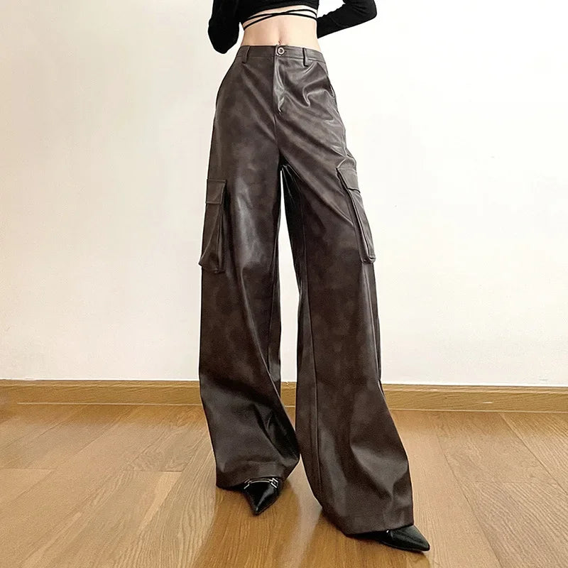 Territory Brown Classic  leather Retro All-match Casual High Street Fashionable Cool Confident Youth Hip-hop Women Autumn Straight Leg Pants