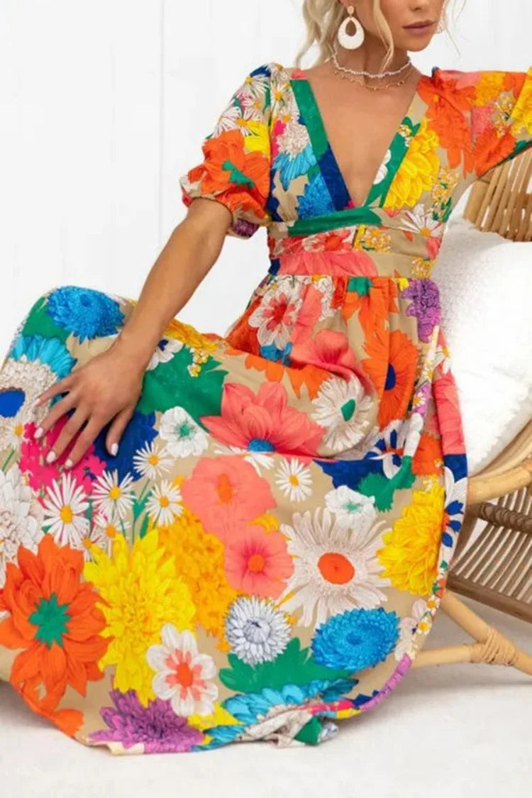 Territory Floral Print Colorful Puff Sleeve Women Long Dress V-neck Lace Up Elastic High Waist Vestidos Summer Party Streetwear Robes