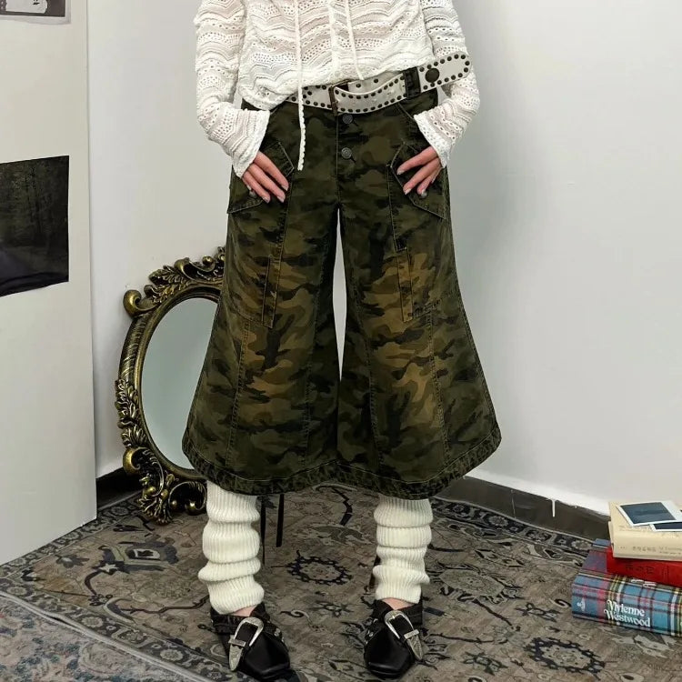 Territory American Oversize Washed Camouflage Shorts Y2k E-Girl High Waist Wide Leg Jeans 2024 New Straight Loose Calf- Length Pants