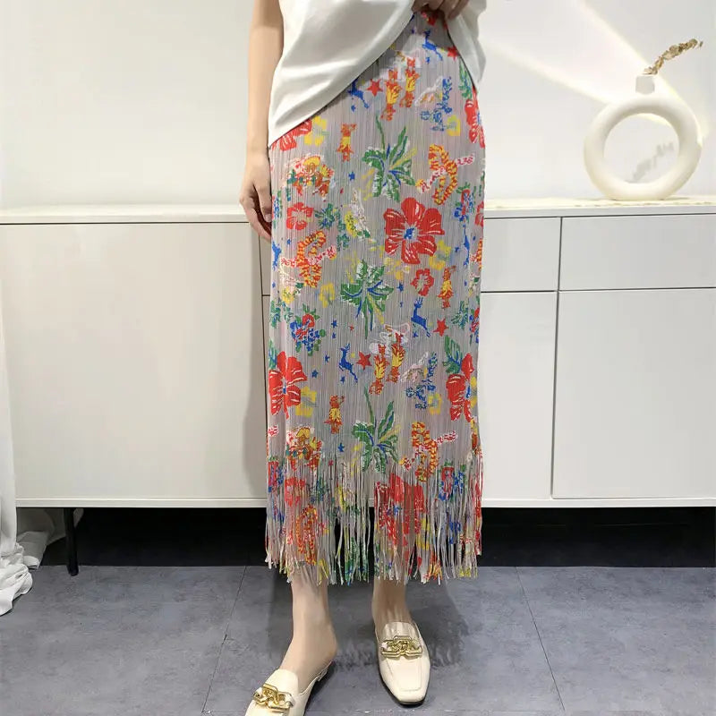 Territory Fashion Vintage Skirts Flower Print Pleated Tassel High Waist Lady Skirt Korean Chic Spring Summer Female Slim Women Clothes