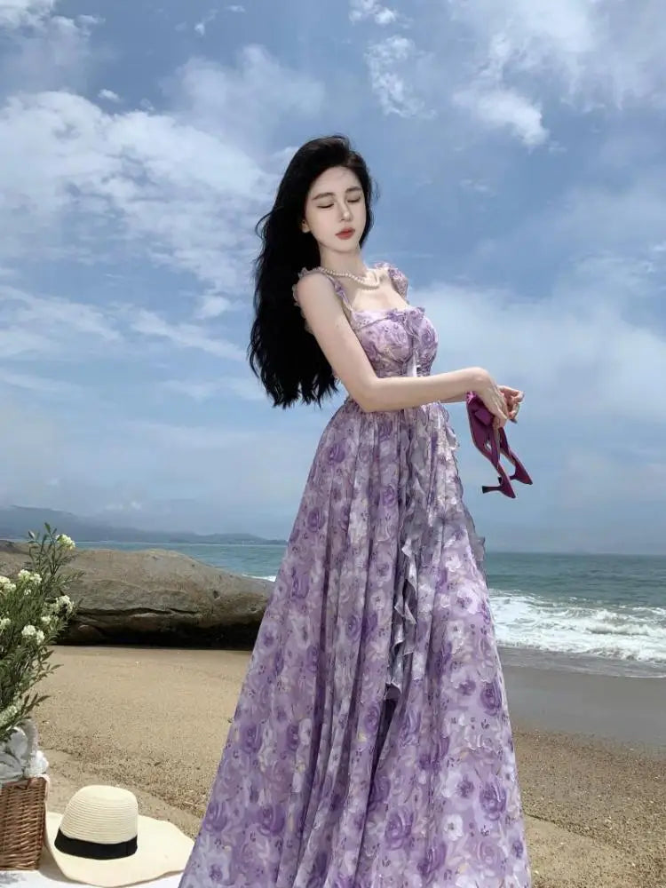 Territory French Vintage Purple Print Long Dresses for Women 2023 Summer Sexy Backless Sleeveless Ruffles Beach Holiday Female Clothing