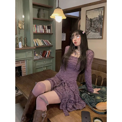 Territory Harajuku Gothic Black Lace Dress Women Vintage Y2k Sexy Purple Mini Dress Bodycon Elegant Party Dresses Korean Aesthetic