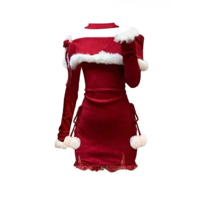 Territory 2024 Winter Christmas Bodycon Knitted Mini Dress Women Casual Long Sleeve Sweet Elegant Even Party One Piece Dresses Korean Fur