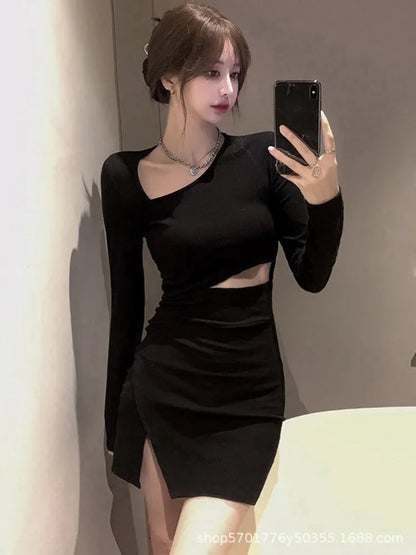 Territory Harajuku Street Black Bodycon Dress for Women Summer New Slim Waist Hollow Out Dresses Y2k Grunge Long Sleeve Vestidos Mujer