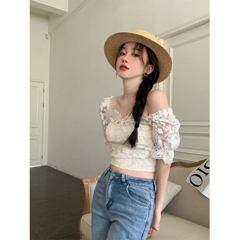 Territory Elegant Slash Neck Shirts Women Summer Lace Patchwork Crop Tops Sweet Korean Square Collar Puff Short Sleeve Slim Blouses