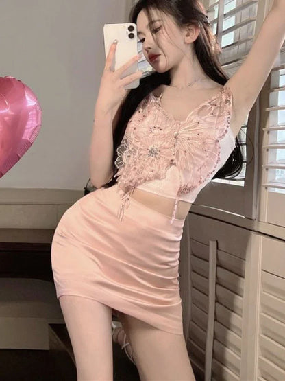 Territory Butterfly Vintage Elegant Two Piece Set Women Lace Korean Sexy Mini Skirts Suit Female Chic Pink Vest + Designer Skirt New