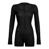 Territory Grey Black One Piece Knit Stretch Jumpsuit Button Up Long Sleeve Bodycon Romper Comfy Fall Winter Outfits For Women