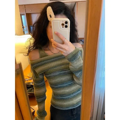 Territory Off Shoulder Slim Fit Tops Green Striped Long Sleeve Knitted Pullover+ Autumn New Bottoming Vest Y2k E-Girl Two Piece Sets