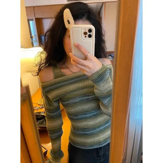 Territory Off Shoulder Slim Fit Tops Green Striped Long Sleeve Knitted Pullover+ Autumn New Bottoming Vest Y2k E-Girl Two Piece Sets